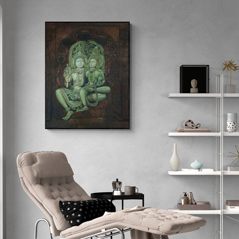 Preview of 'Lakshminarayana (Shiva and Parvati)' Painting by Lisha N T shown on a wall in a furnished room.