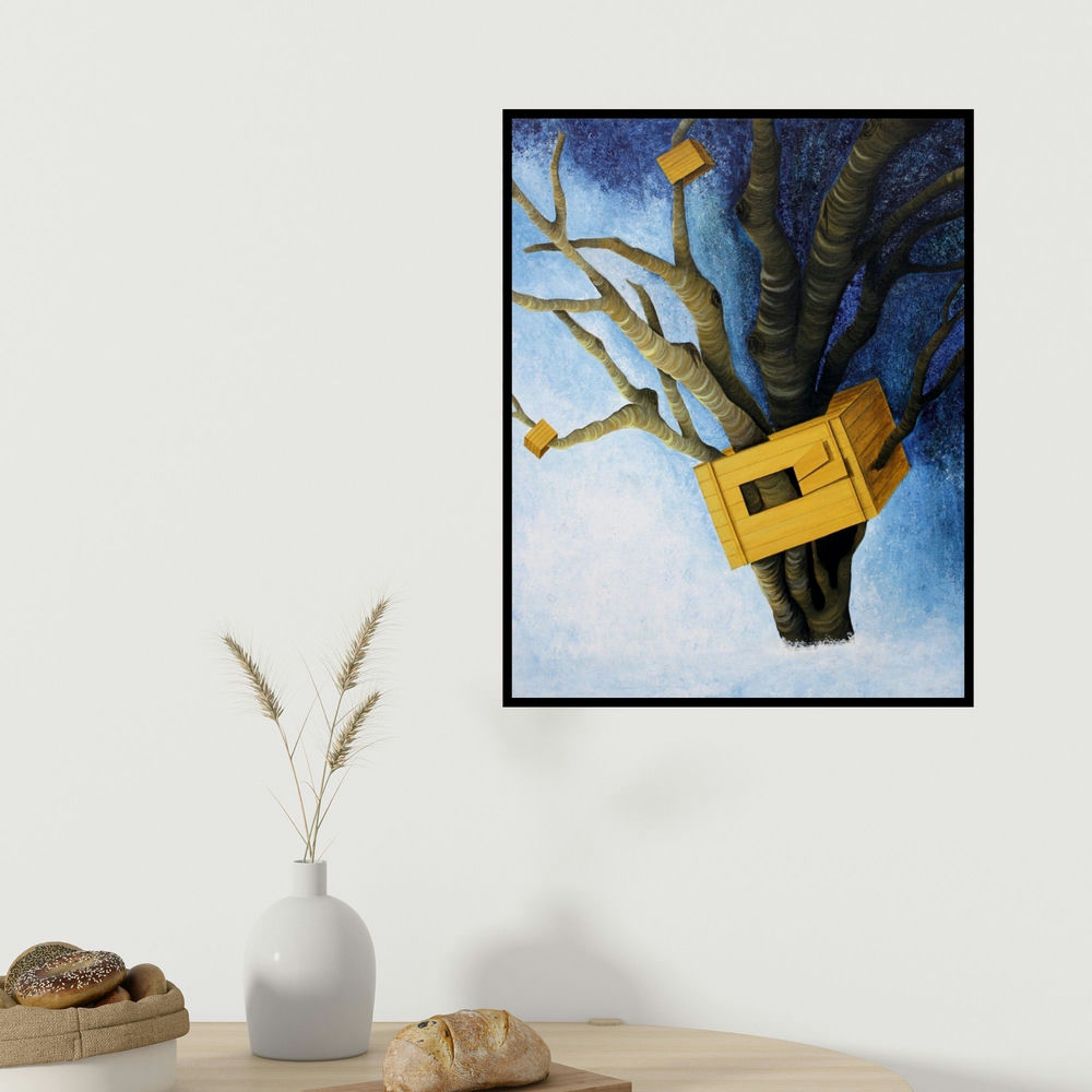 Vanchha Dixit's 'Lakshya (Unconventional Living)' painting visualized above a sofa in a contemporary room.