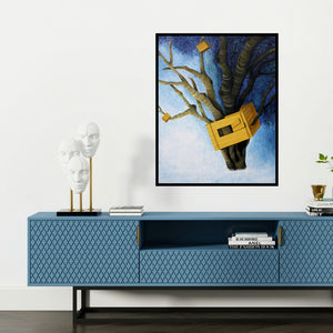 'Lakshya (Unconventional Living)' painting by Vanchha Dixit shown on a wall in a furnished room.