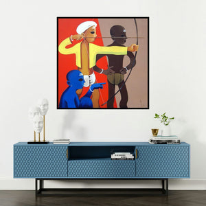 'Sold (Precision and Purpose)' painting by Prakash Pore shown on a wall in a furnished room.