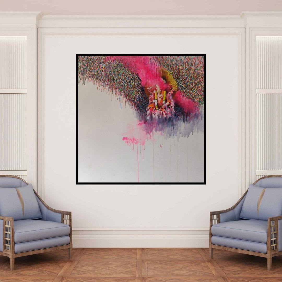 In-situ view of Amol Satre's 'Lalbaghcha Raja (Divine Shower)' painting in a room