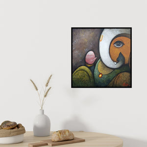 In-situ view of Ram Onkar's 'Lambodara (Open Hand)' painting in a room