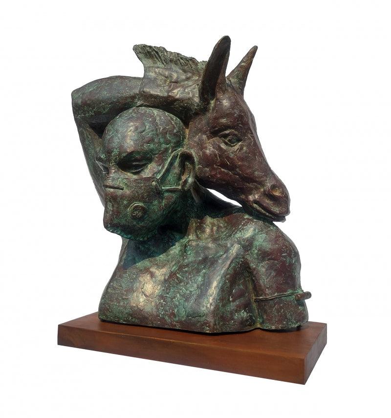 Figurative sculpture titled 'Lamentation', 22x20x12 inches, by artist Rakesh Sadhak on Metal, Wood