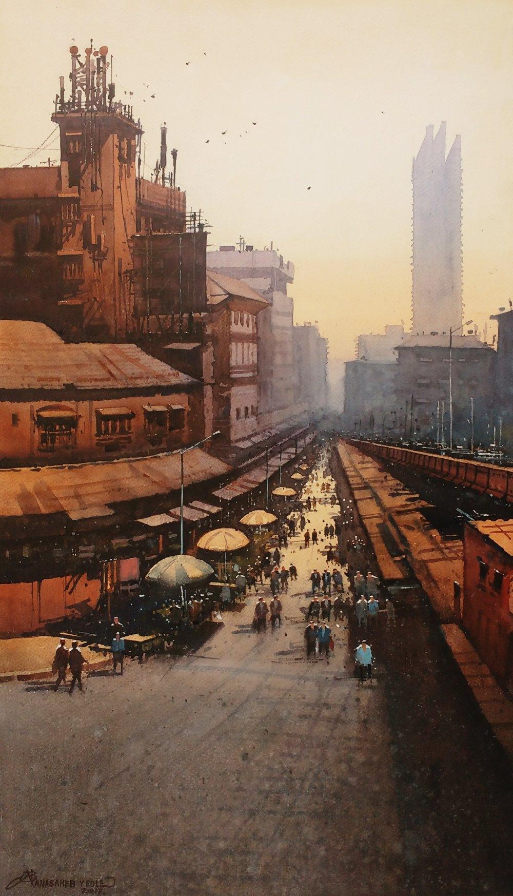 Cityscape watercolor painting titled 'Laminton Road', 18x30 inches, by artist NanaSaheb Yeole on Paper
