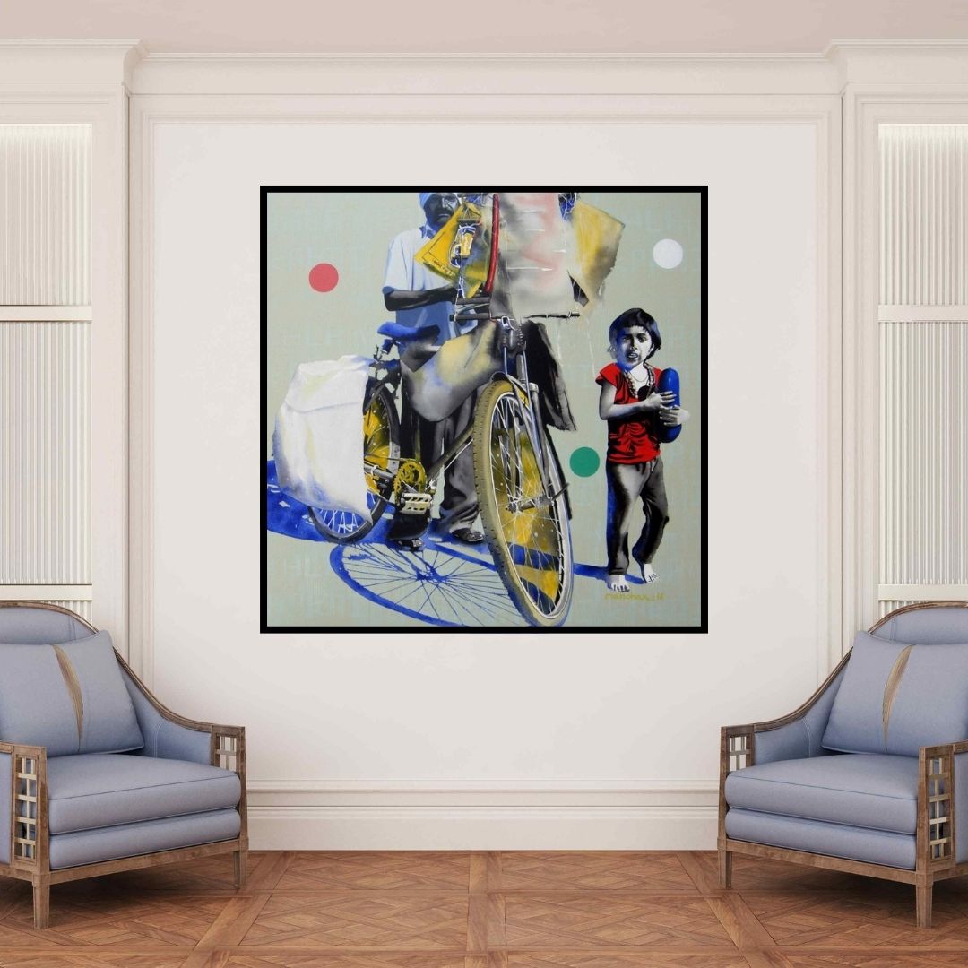 In-situ view of Manohar Rathod's 'Lamkakadiwala' painting in a room