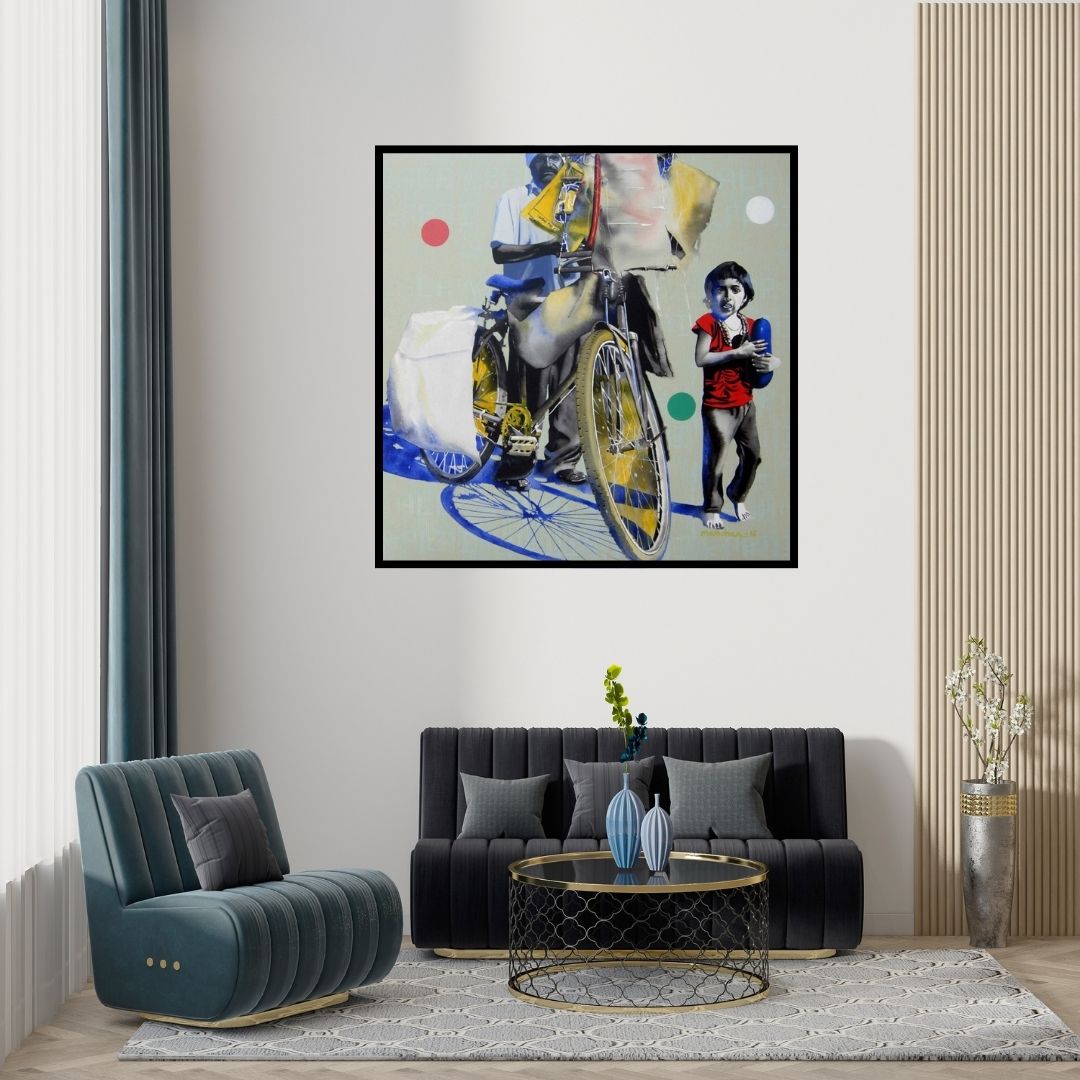 Preview of 'Lamkakadiwala' Painting by Manohar Rathod shown on a wall in a furnished room.