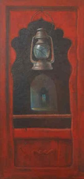 Lamp (A Glimpse of Hope**) by Gopal Pardeshi, Original Acrylic Still-Life Painting on Canvas, Medium Vertical Wall Art