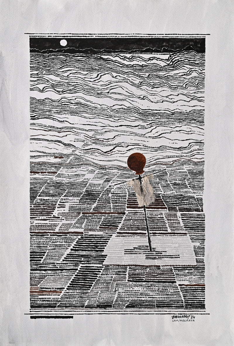 Land And Scarecrow' contemporary postercolor painting by artist Palash Chandra Baidya, 30x20 inch, on canson paper