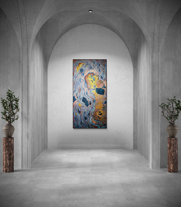 Preview of 'The Land (Hidden Depths)' Painting by Vanchha Dixit shown on a wall in a furnished room.
