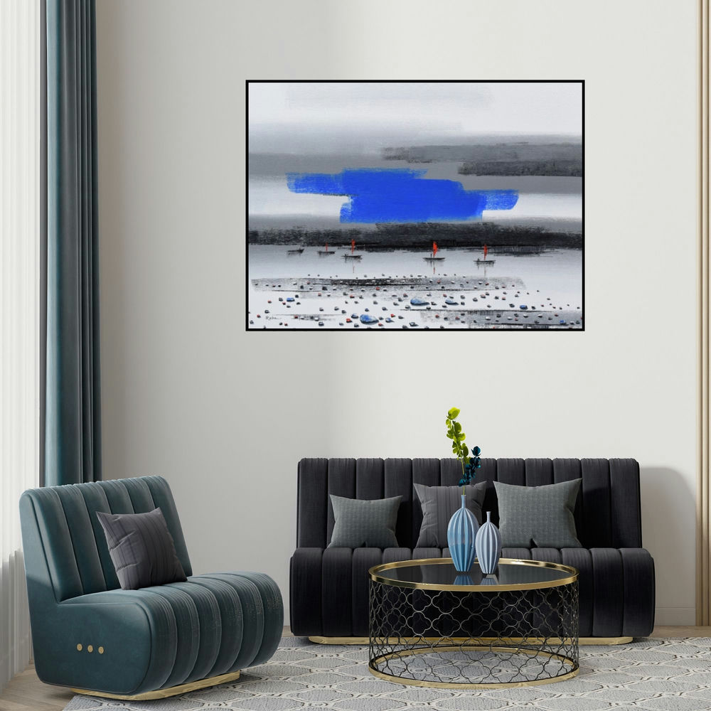 Reba Mandal's 'Landscape 1' painting visualized above a sofa in a contemporary room.