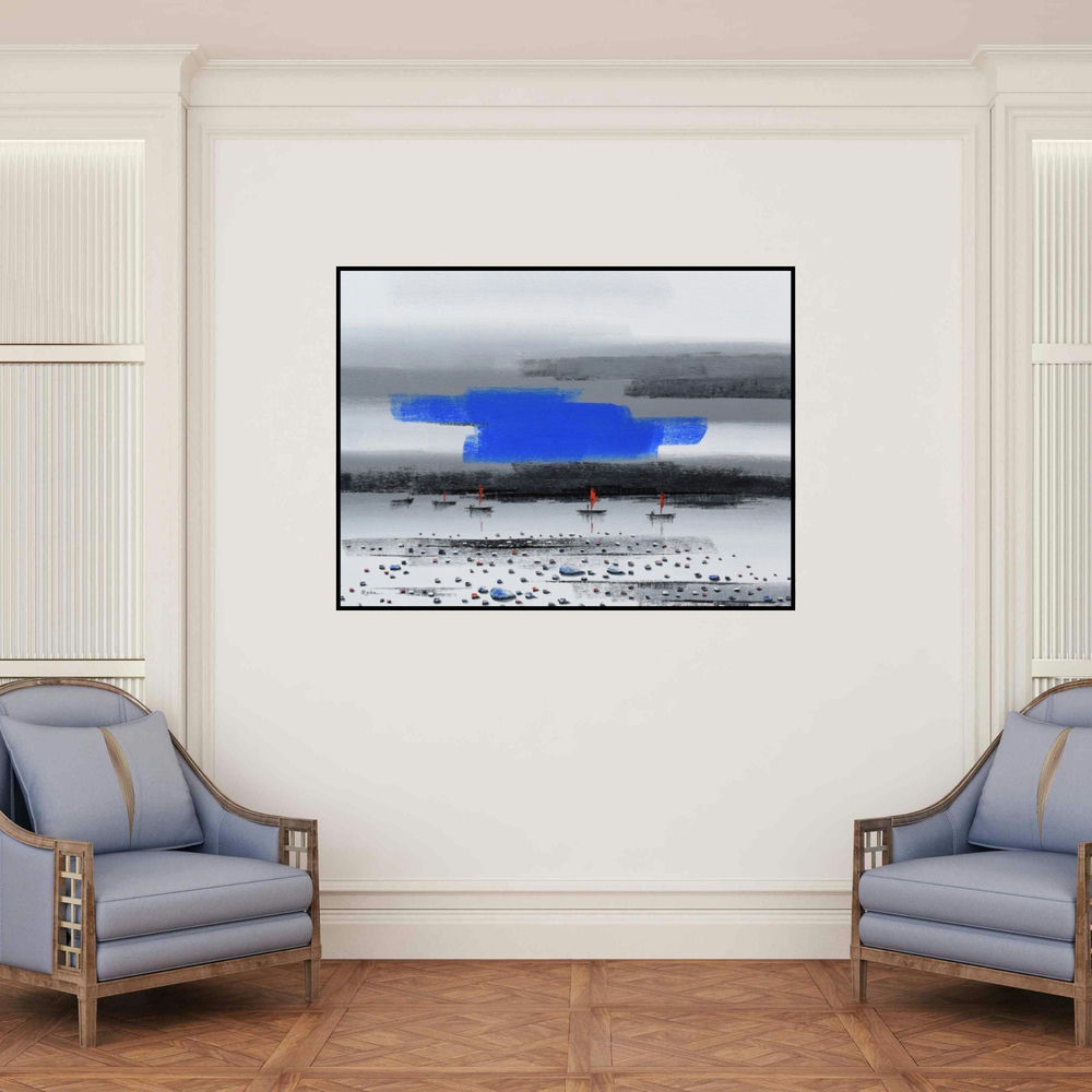 'Landscape 1' painting by Reba Mandal shown on a wall in a furnished room.