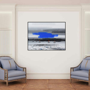 'Landscape 1' painting by Reba Mandal shown on a wall in a furnished room.