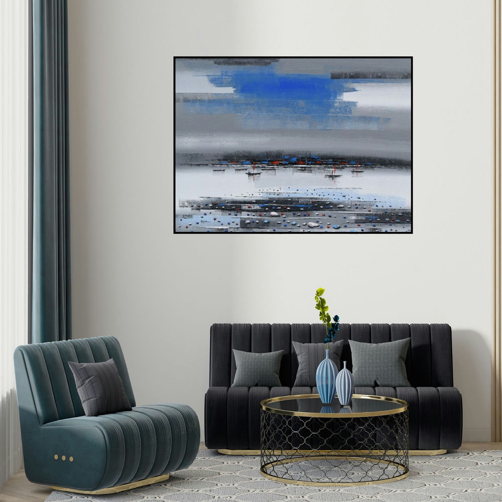 Reba Mandal's 'Landscape 2' painting visualized above a sofa in a contemporary room.