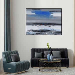 Reba Mandal's 'Landscape 2' painting visualized above a sofa in a contemporary room.