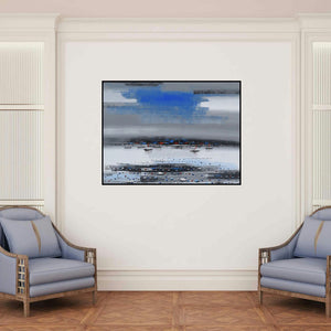 'Landscape 2' painting by Reba Mandal shown on a wall in a furnished room.