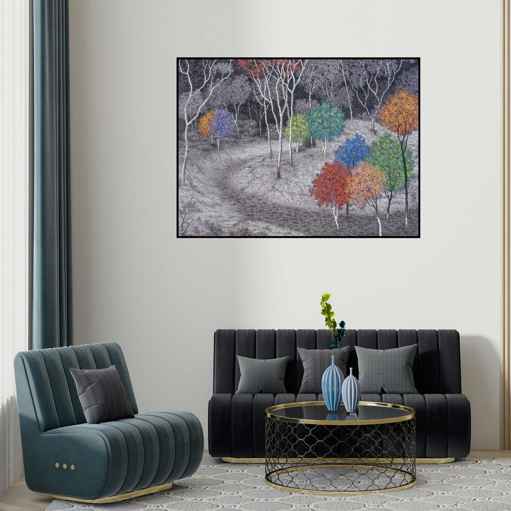 Sanjay Devsale's 'Landscape 3 (A Symphony of Hues)' painting visualized above a sofa in a contemporary room.