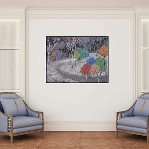 'Landscape 3 (A Symphony of Hues)' painting by Sanjay Devsale shown on a wall in a furnished room.