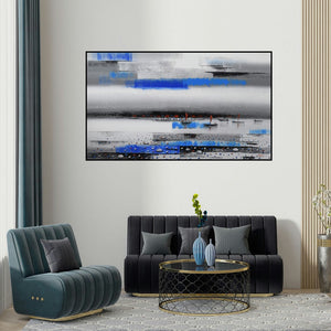 Reba Mandal's 'Landscape 4' painting visualized above a sofa in a contemporary room.