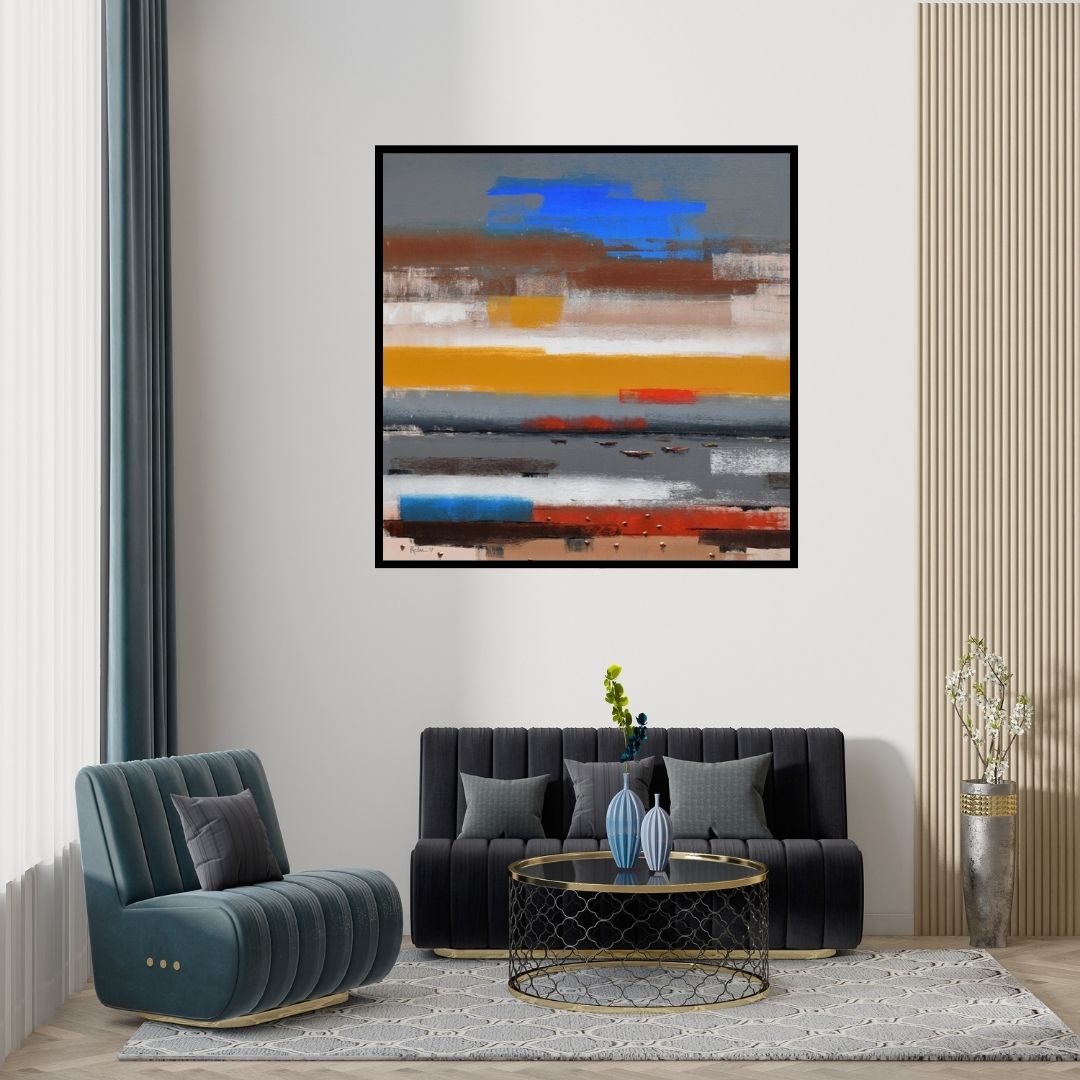 Preview of 'Landscape 5' Painting by Reba Mandal shown on a wall in a furnished room.