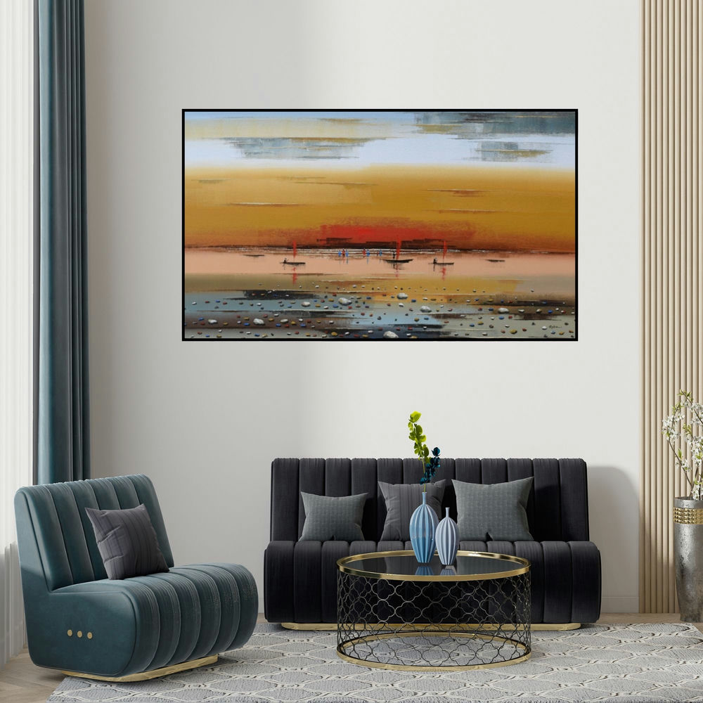 Reba Mandal's 'Landscape 5' painting visualized above a sofa in a contemporary room.