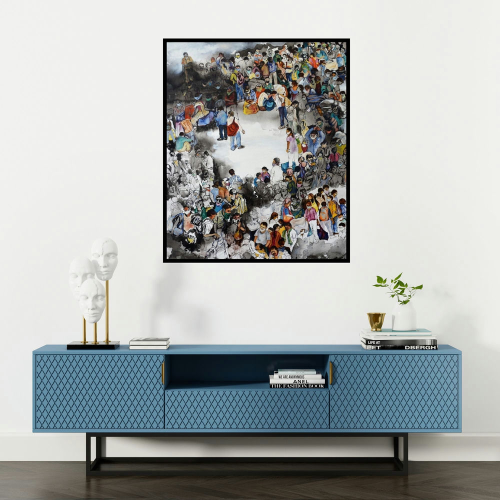 Raka Panda's 'Landscape' painting visualized above a sofa in a contemporary room.