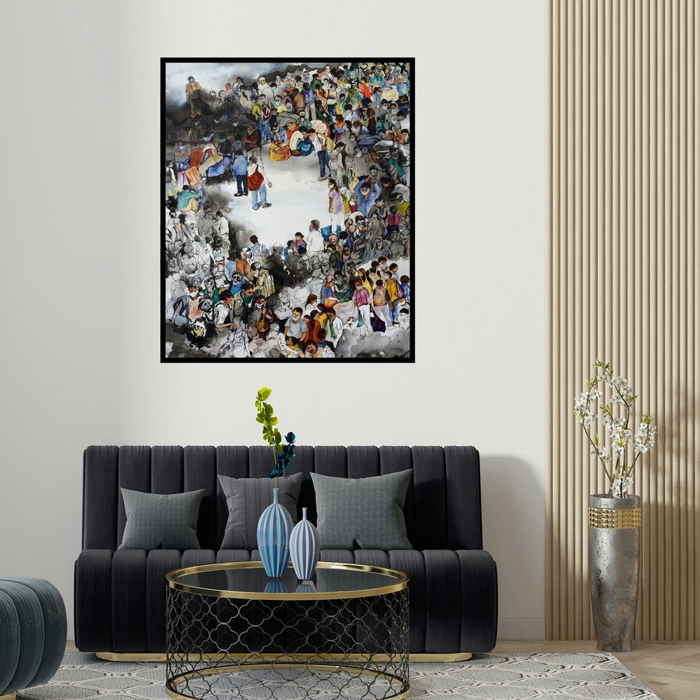 'Landscape' painting by Raka Panda shown on a wall in a furnished room.