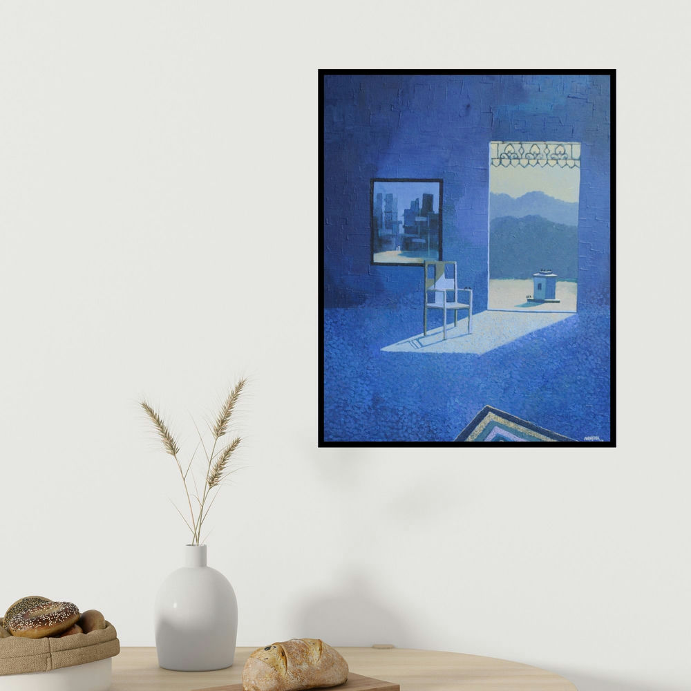 Mansing Jadhav's 'Landscape (Blue Room with View)' painting visualized above a sofa in a contemporary room.