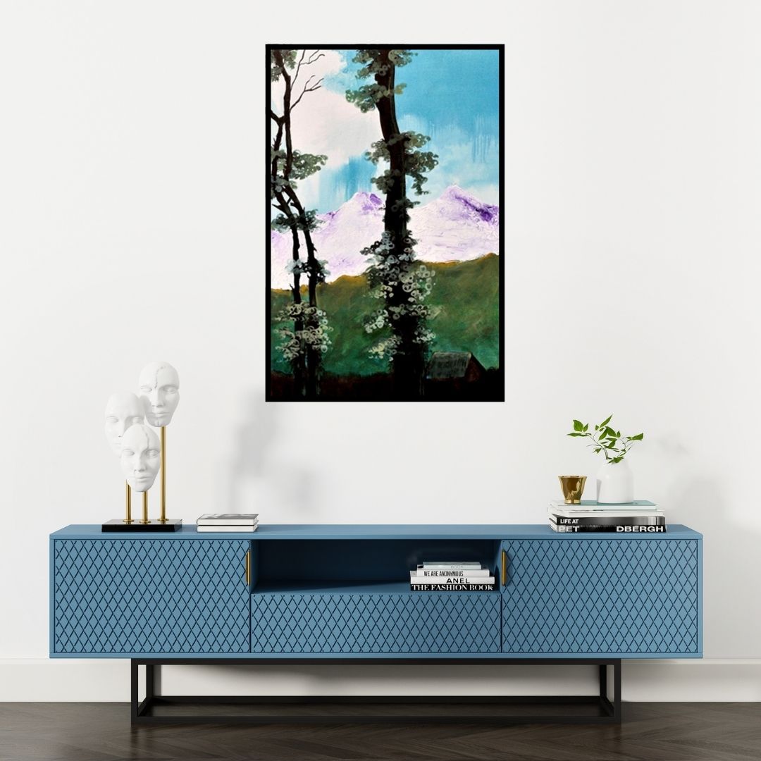 Preview of 'Landscape Iii (Peaks of Serenity)' Painting by Devirani Dasgupta shown on a wall in a furnished room.