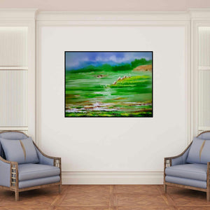 'Landscape Iv (Verdant Vista: An Ode to the Earth)' painting by Narayan Shelke shown on a wall in a furnished room.
