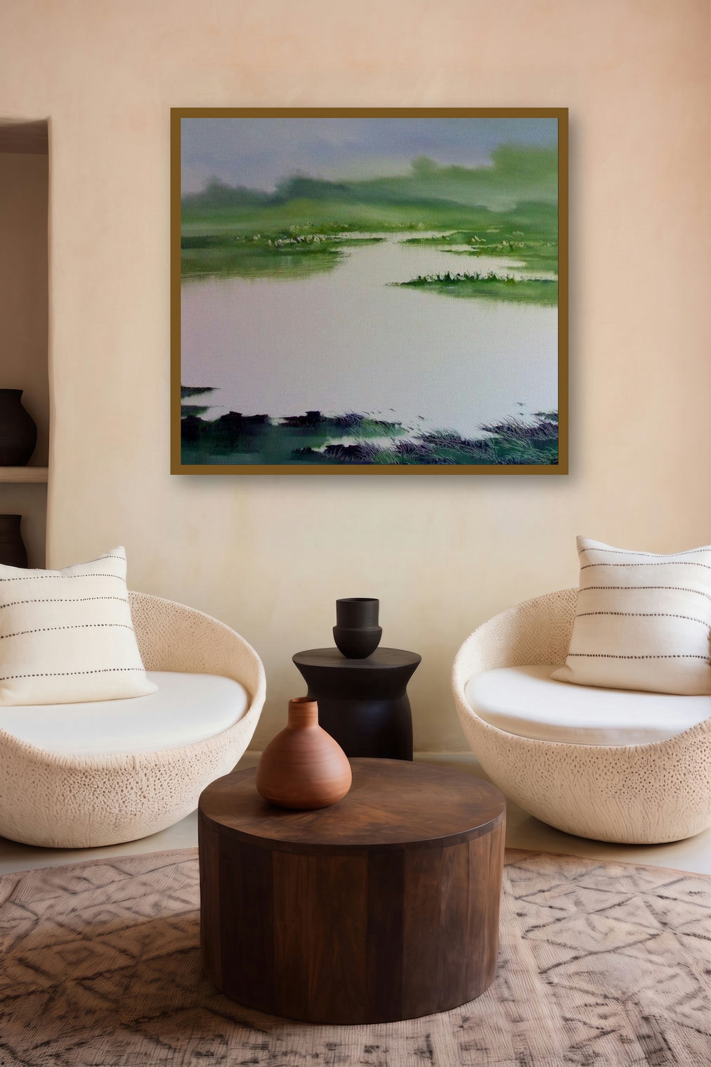 Landscape Ix (River of Dreams: A Verdant Expanse) by artist Narayan Shelke displayed in a Indian Art gallery