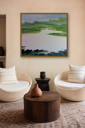 Landscape Ix (River of Dreams: A Verdant Expanse) by artist Narayan Shelke displayed in a Indian Art gallery