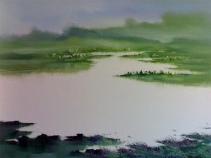Landscape Ix (River of Dreams: A Verdant Expanse) by Narayan Shelke, Original Oil Landscape Painting on Canvas, Large Horizontal Wall Art