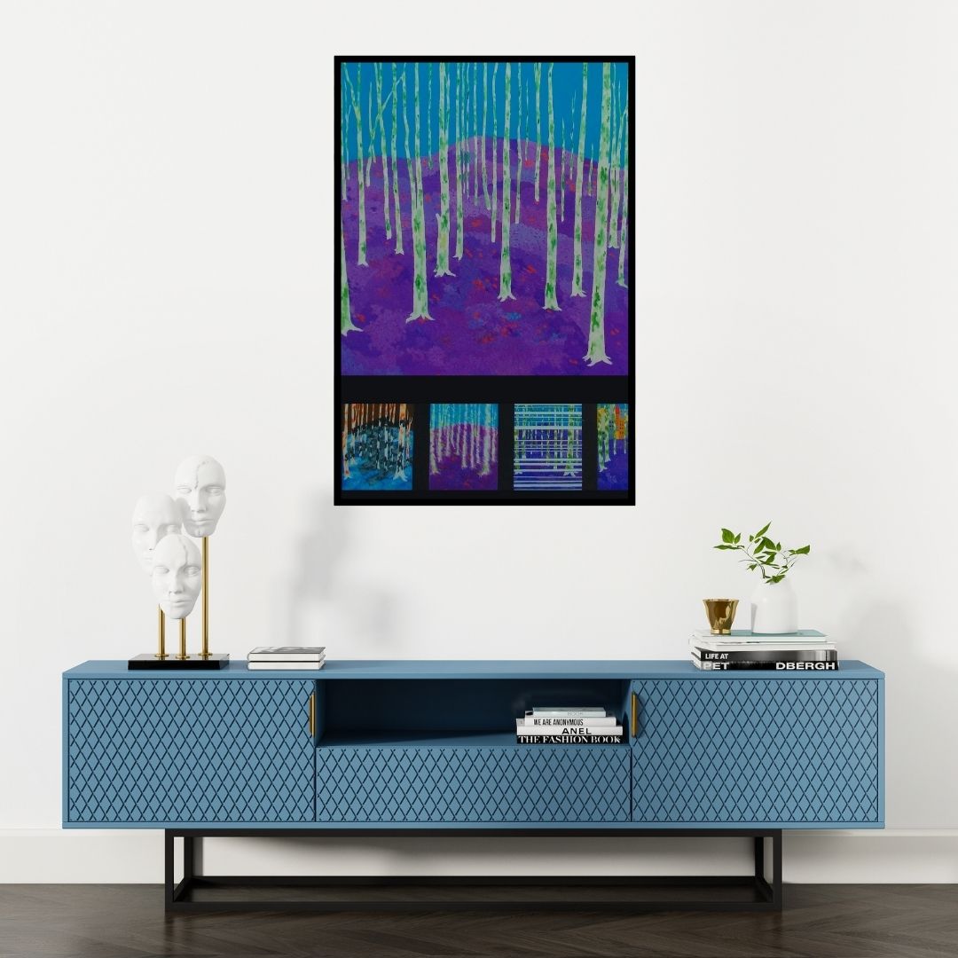 Preview of 'Landscape Seen (Whispers of the Woods)' Painting by Protyusha Mitra shown on a wall in a furnished room.