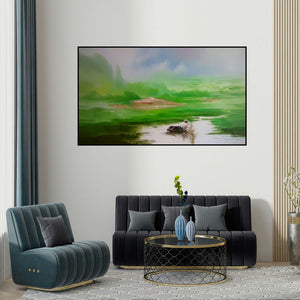 Narayan Shelke's 'Landscape V (Symphony of Green: A Pastoral Idyll)' painting visualized above a sofa in a contemporary room.