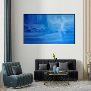 Narayan Shelke's 'Landscape Vi (Azure Haze: A City in Dreams)' painting visualized above a sofa in a contemporary room.