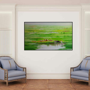 'Landscape Viii (Emerald Crossing: A Pastoral Scene)' painting by Narayan Shelke shown on a wall in a furnished room.