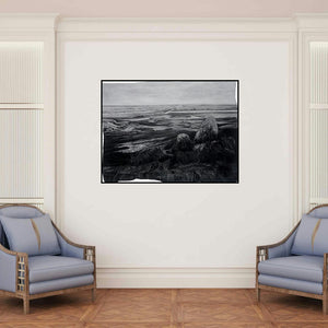 'Landscaped (Expanse)' painting by Manish Sharma shown on a wall in a furnished room.