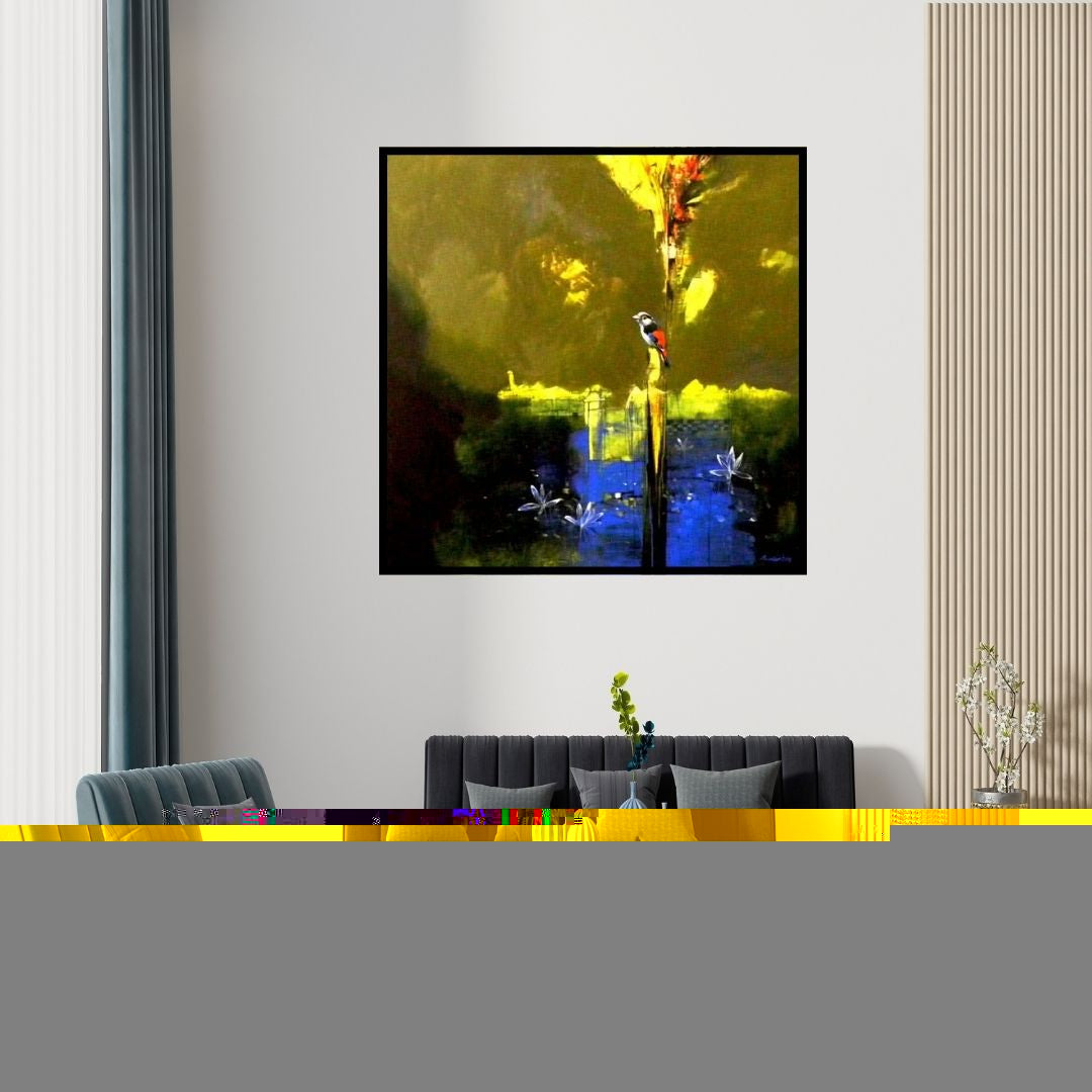 Preview of 'The Last Light Of The Day' Painting by Pradip Sengupta shown on a wall in a furnished room.