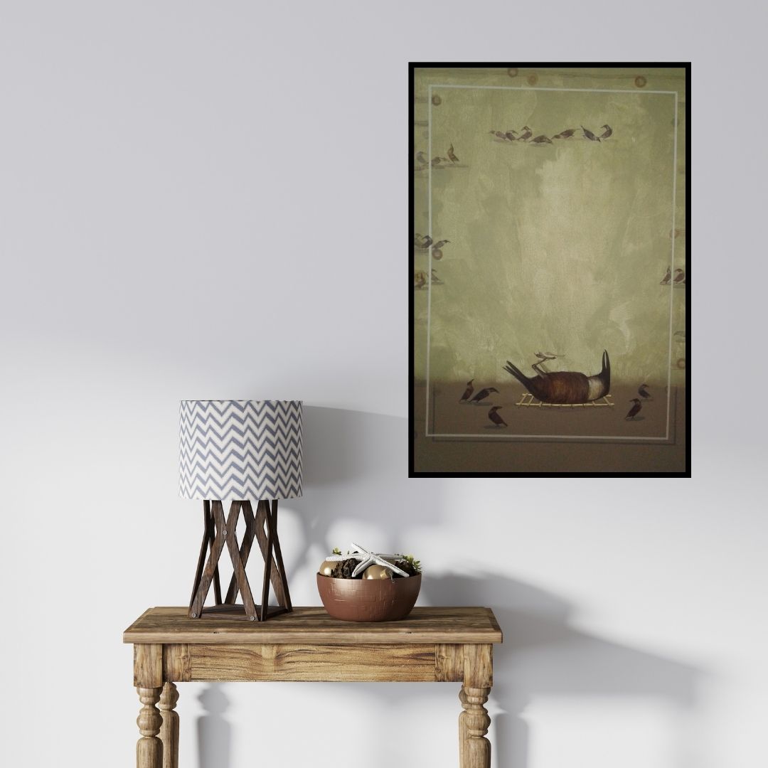 In-situ view of Yogesh Lahane's 'Last Meeting (Avian Arrangement)' painting in a room