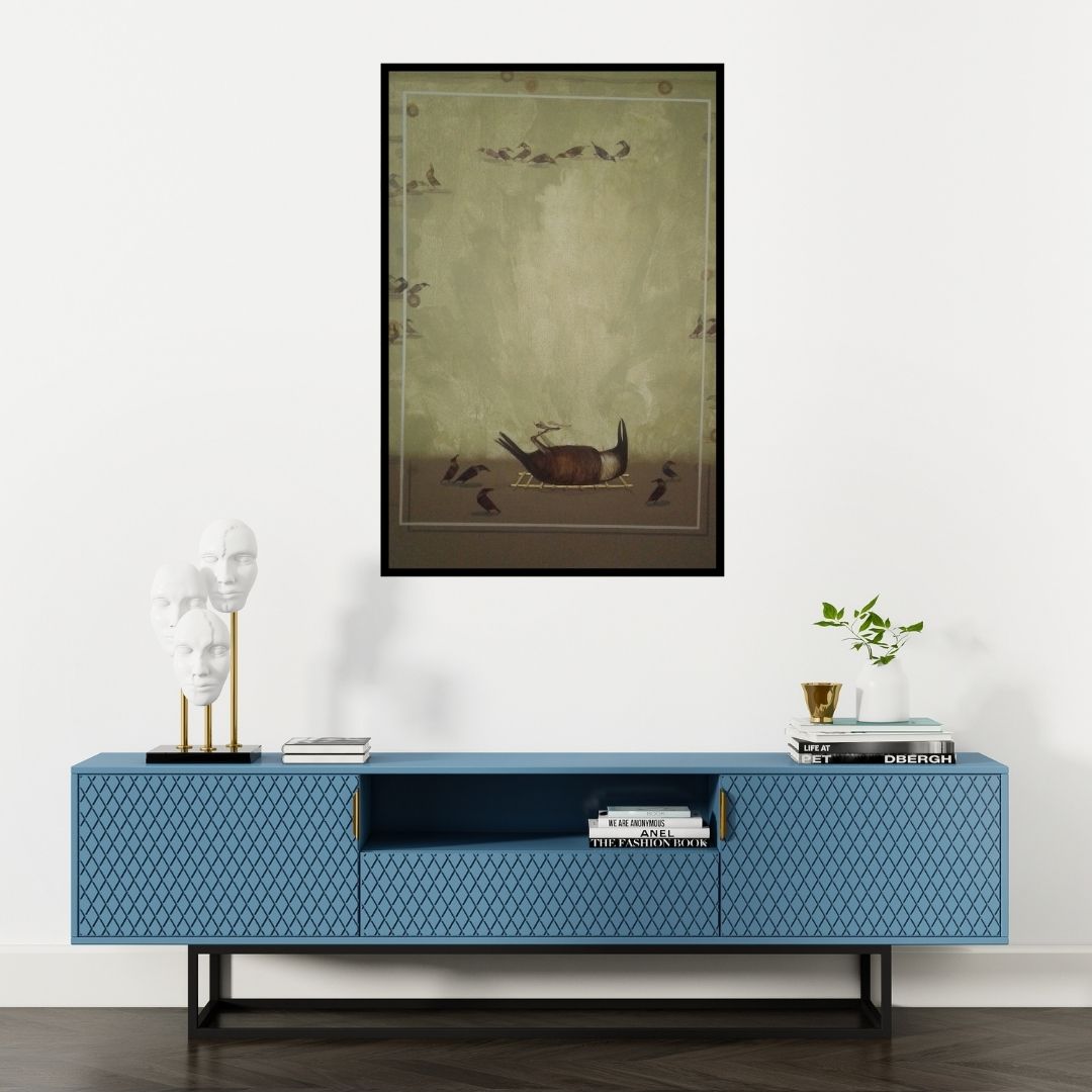Preview of 'Last Meeting (Avian Arrangement)' Painting by Yogesh Lahane shown on a wall in a furnished room.