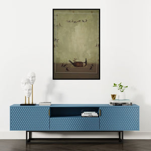 Preview of 'Last Meeting (Avian Arrangement)' Painting by Yogesh Lahane shown on a wall in a furnished room.