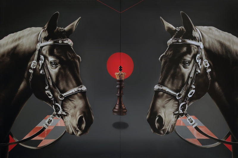 The Last Move (Diptych)' animals oil painting by artist Abid Shaikh, 48x72 inch, on canvas
