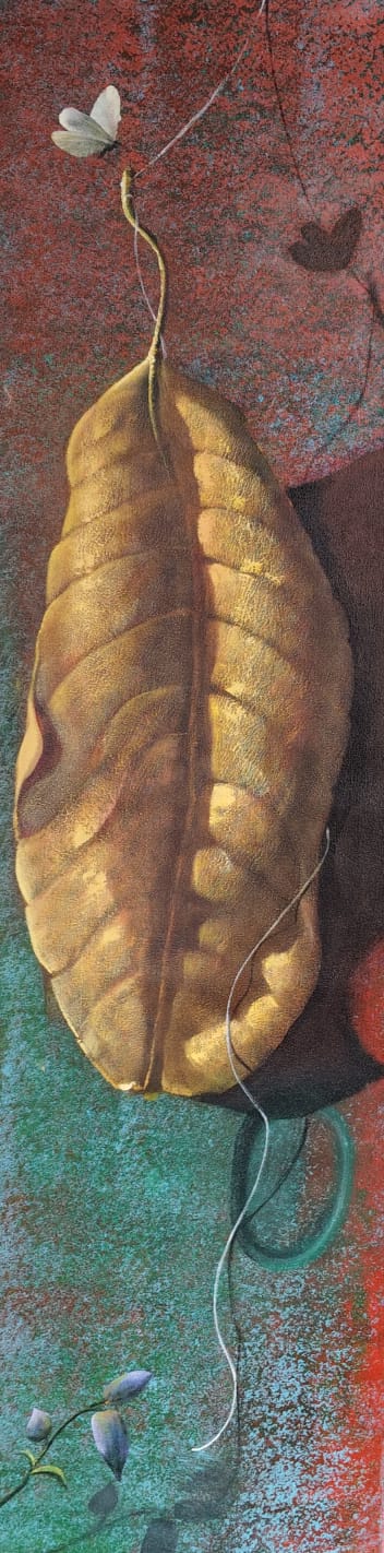 'The Last Whisper' still-life acrylic painting by artist Gopal Pardeshi, 60x15 inch, on canvas