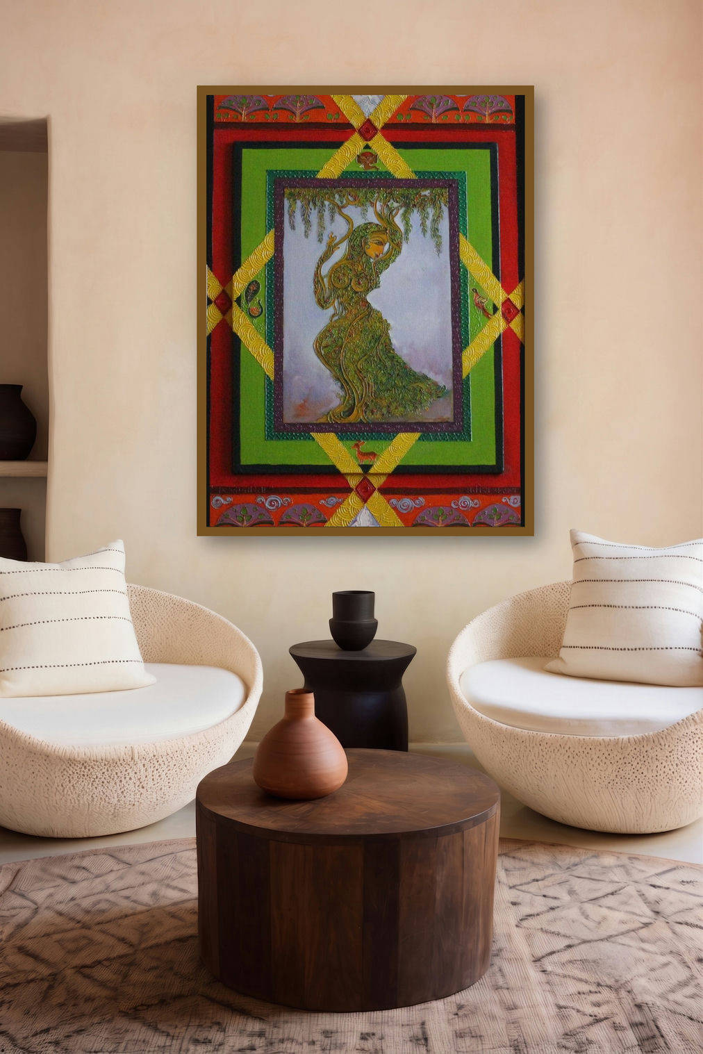 Latika (Enchanted Vine: A Woman in Bloom) by artist Satish Chavhan displayed in a Museum Style gallery