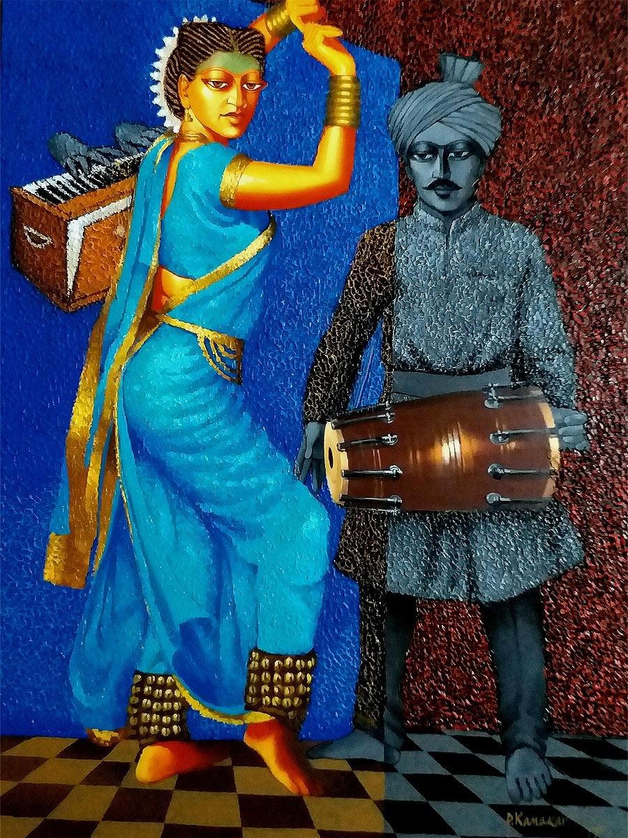 Figurative acrylic oil painting titled 'Lavani Dance', 40x30 inches, by artist Dayanand Kamakar on Canvas