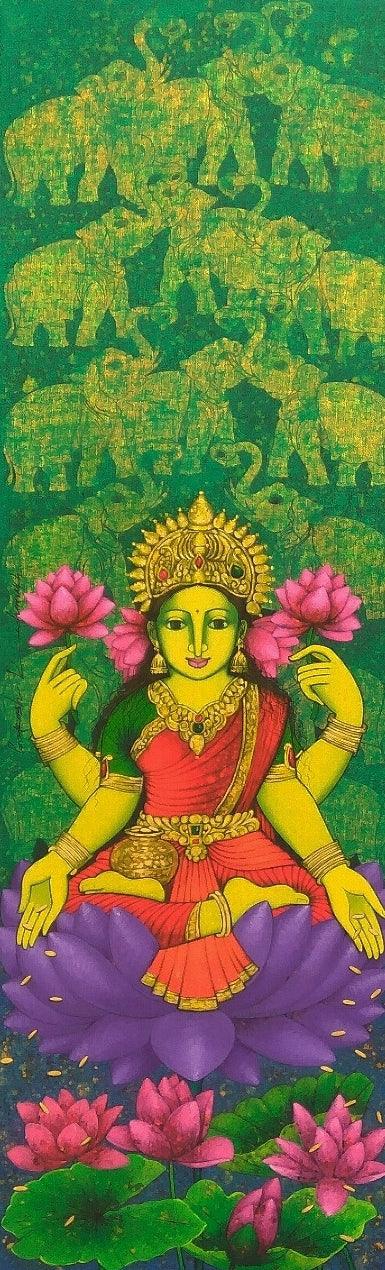 Religious acrylic painting titled 'Laxmi', 47x15 inches, by artist Prakash Deshmukh on Canvas