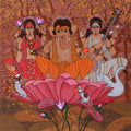Laxmi Ganesha Saraswati' religious acrylic painting by artist Chetan Katigar, 45x45 inch, on canvas