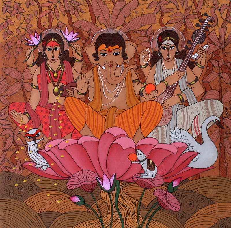 Laxmi Ganesha Saraswati' religious acrylic painting by artist Chetan Katigar, 45x45 inch, on canvas