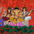 Laxmi Ganesha Saraswati' religious acrylic painting by artist Chetan Katigar, 46x46 inch, on canvas