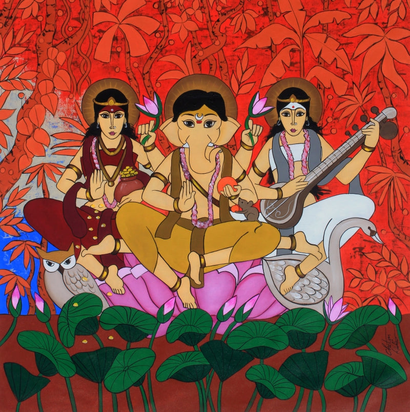 Laxmi Ganesha Saraswati' religious acrylic painting by artist Chetan Katigar, 46x46 inch, on canvas